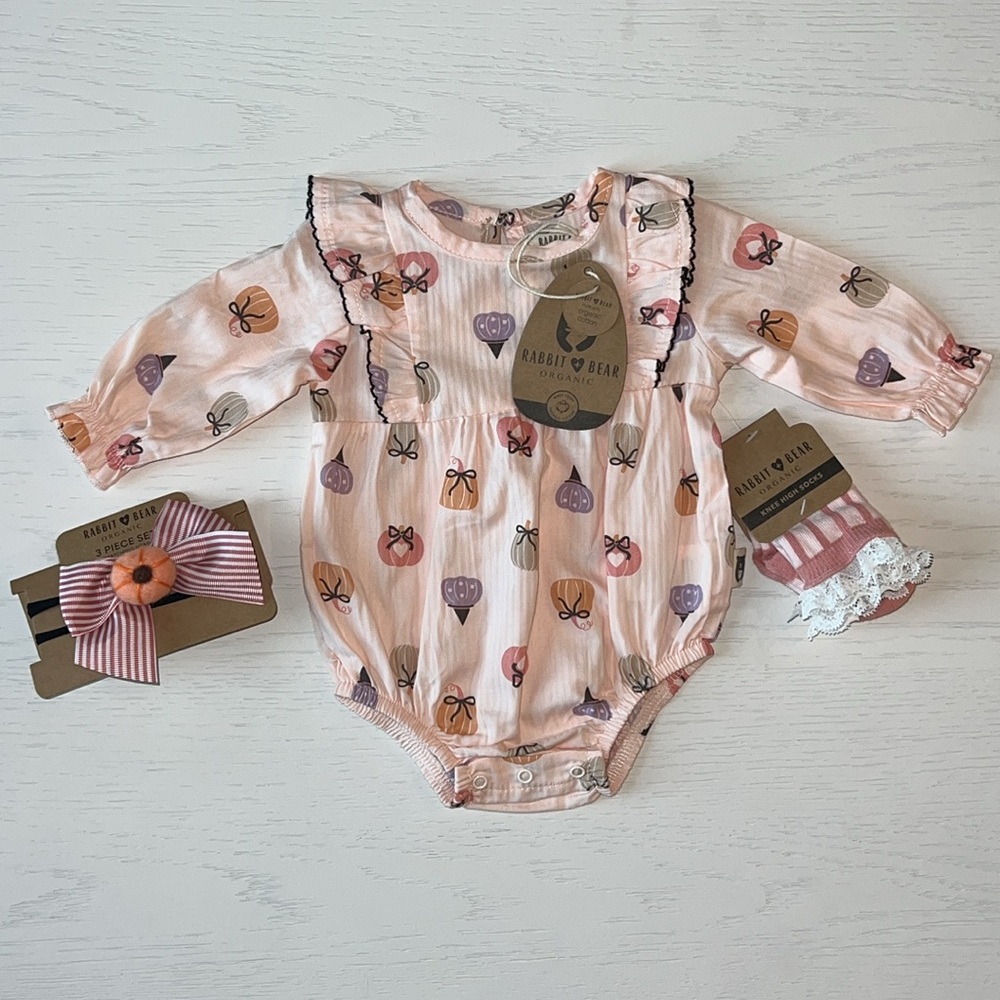 Rabbit + Bear Organic Cotton Pumpkin Bow Bubble Romper Set 3-6 months